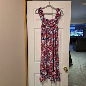 Ophelia Roe Floral Ruffle Maxi Dress - Blue, Pink & Orange - Size XL